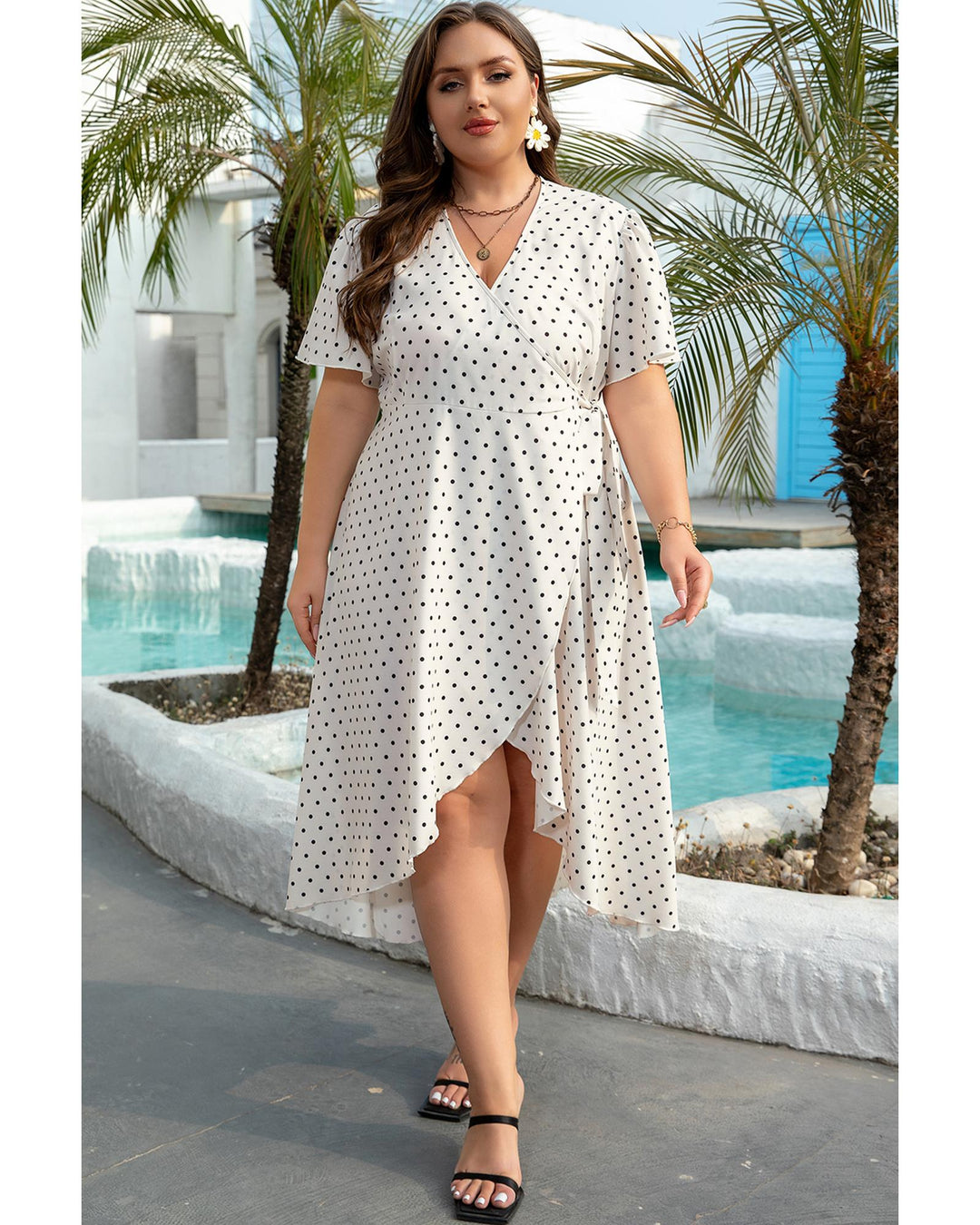 Khaki Polka Dot Surplice V Neck Tied Waist Flutter Sleeve Flowy Plus Size Midi Dress - 1X