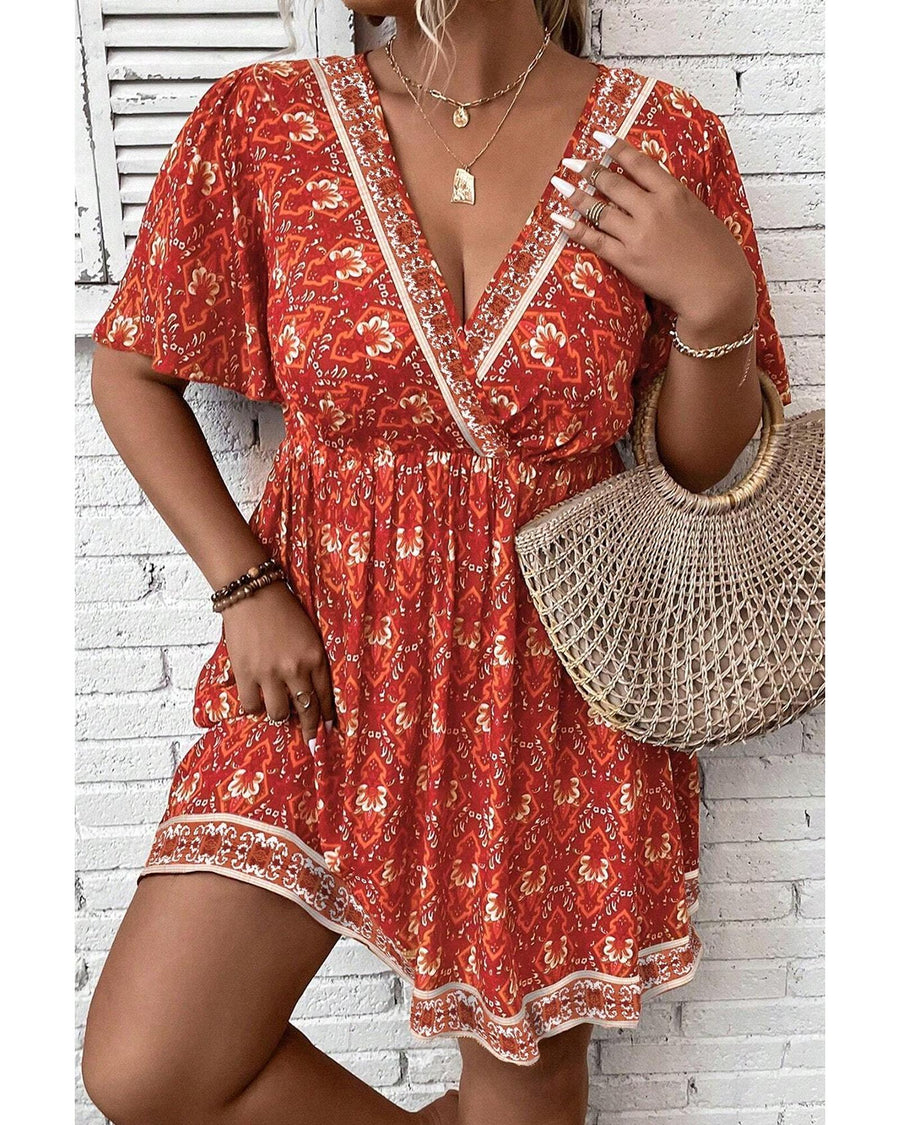 Orange Plus Size Printed Surplice Neck Empire Waist Flowy Mini Dress - 3X