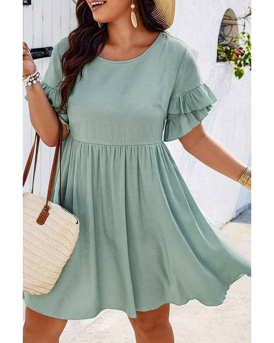 Grass Green Ruffle Trim Short Sleeve Plus Size Flared Mini Dress - 3X