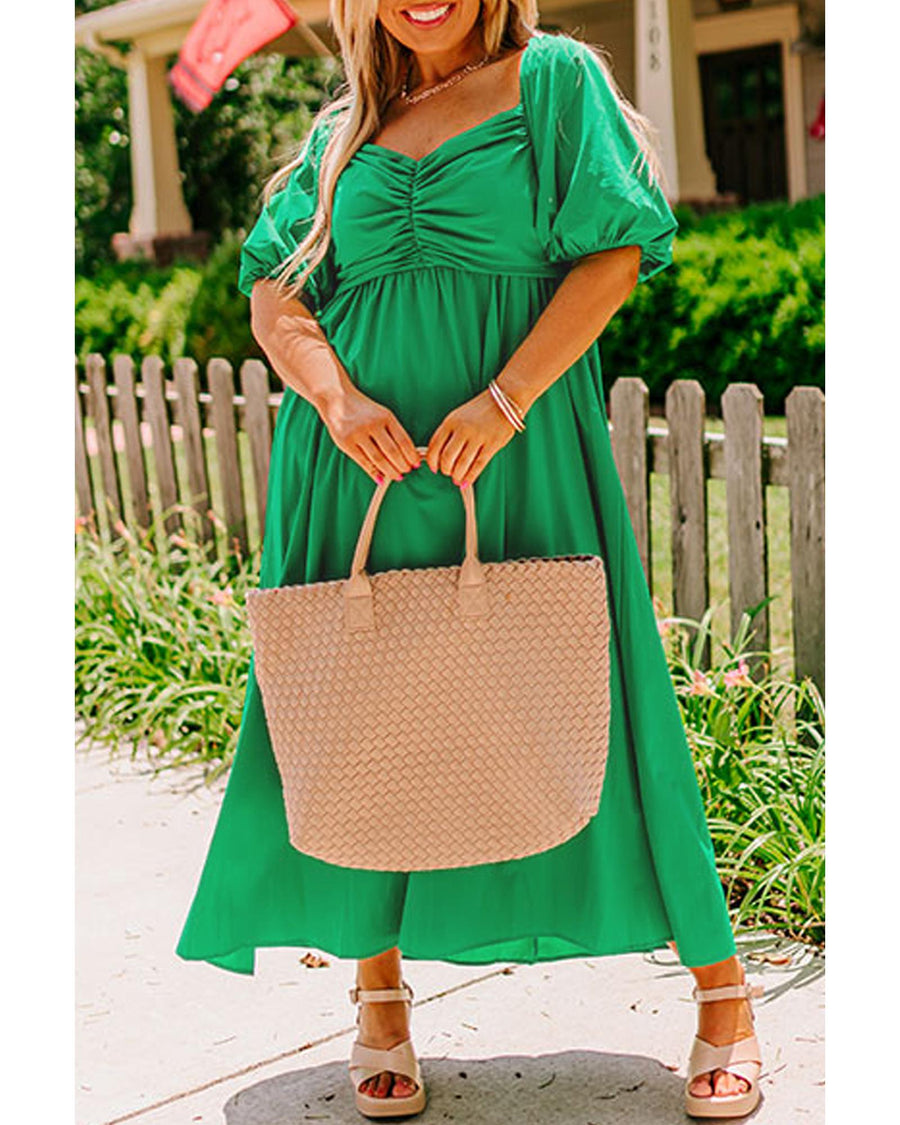 Bright Green Ruched Front Puff Sleeve Plus Size Long Dress - 2X