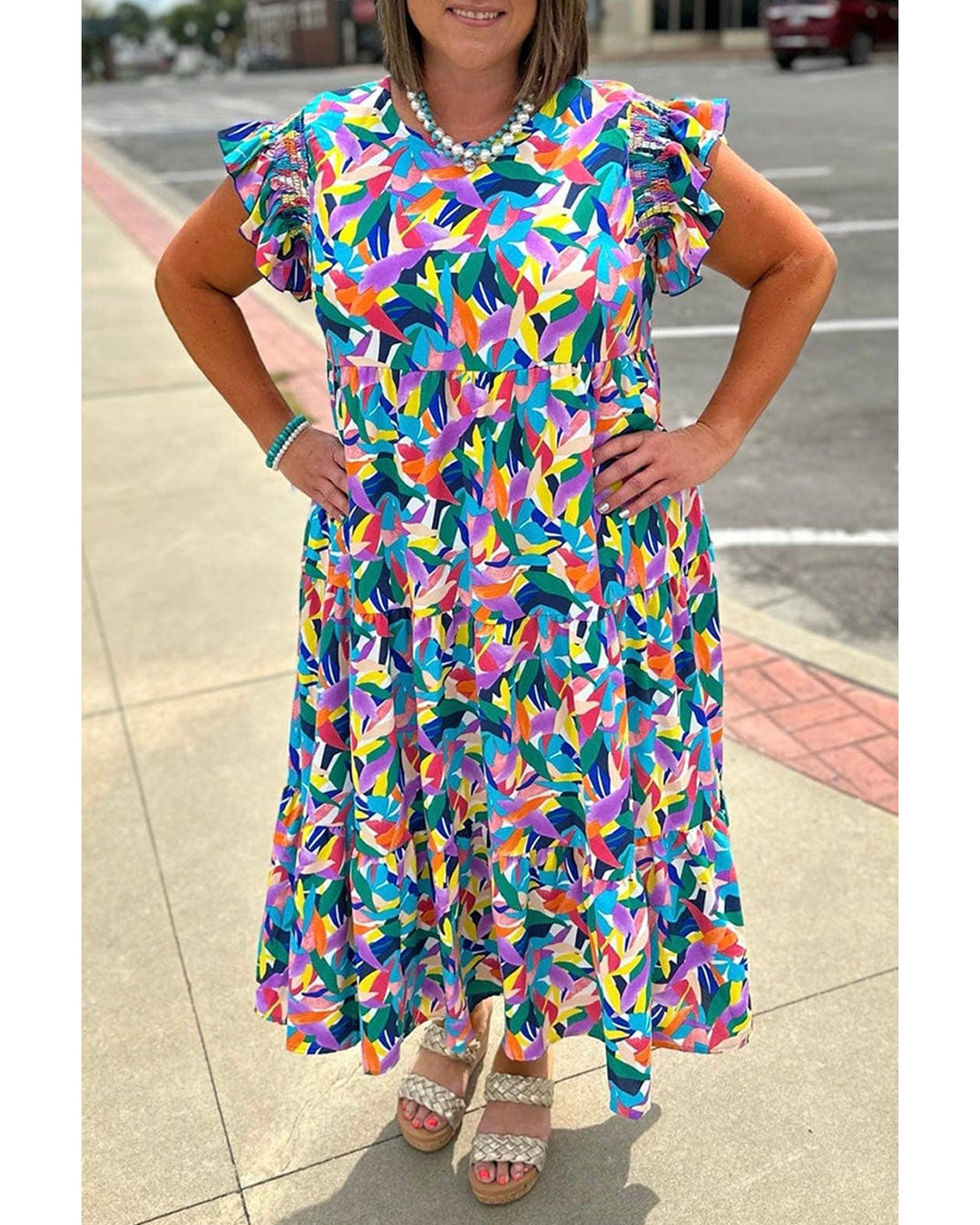 Blue Geometric Print Ruffled Short Sleeve Plus Size Tiered Maxi Dress - 4X