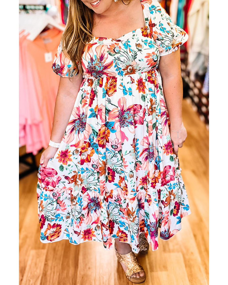 White Floral Square Neck Puff Sleeve Flowy Plus Size Midi Dress - 1X