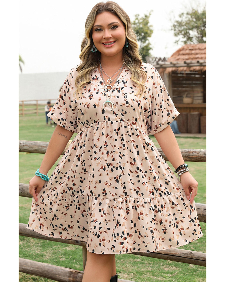 Beige Printed Surplice V Neck Cuffed Sleeve Empire Waist Plus Size Dress - 4X