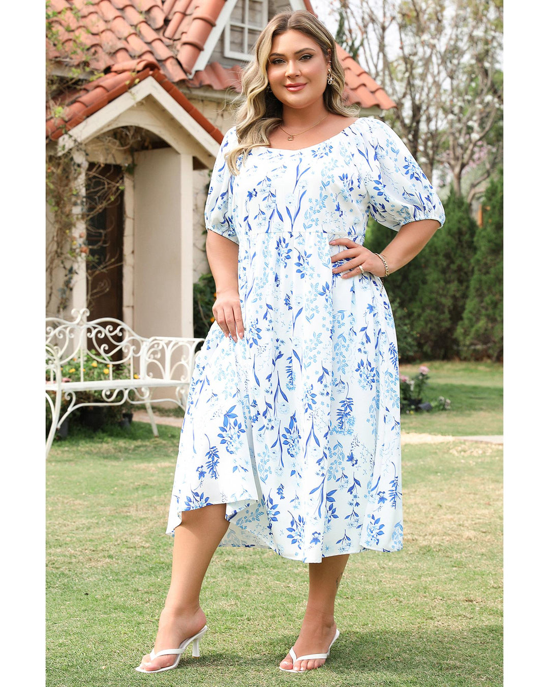Sky Blue Floral Print Sweetheart Neck Plus Size Midi Dress - 2X