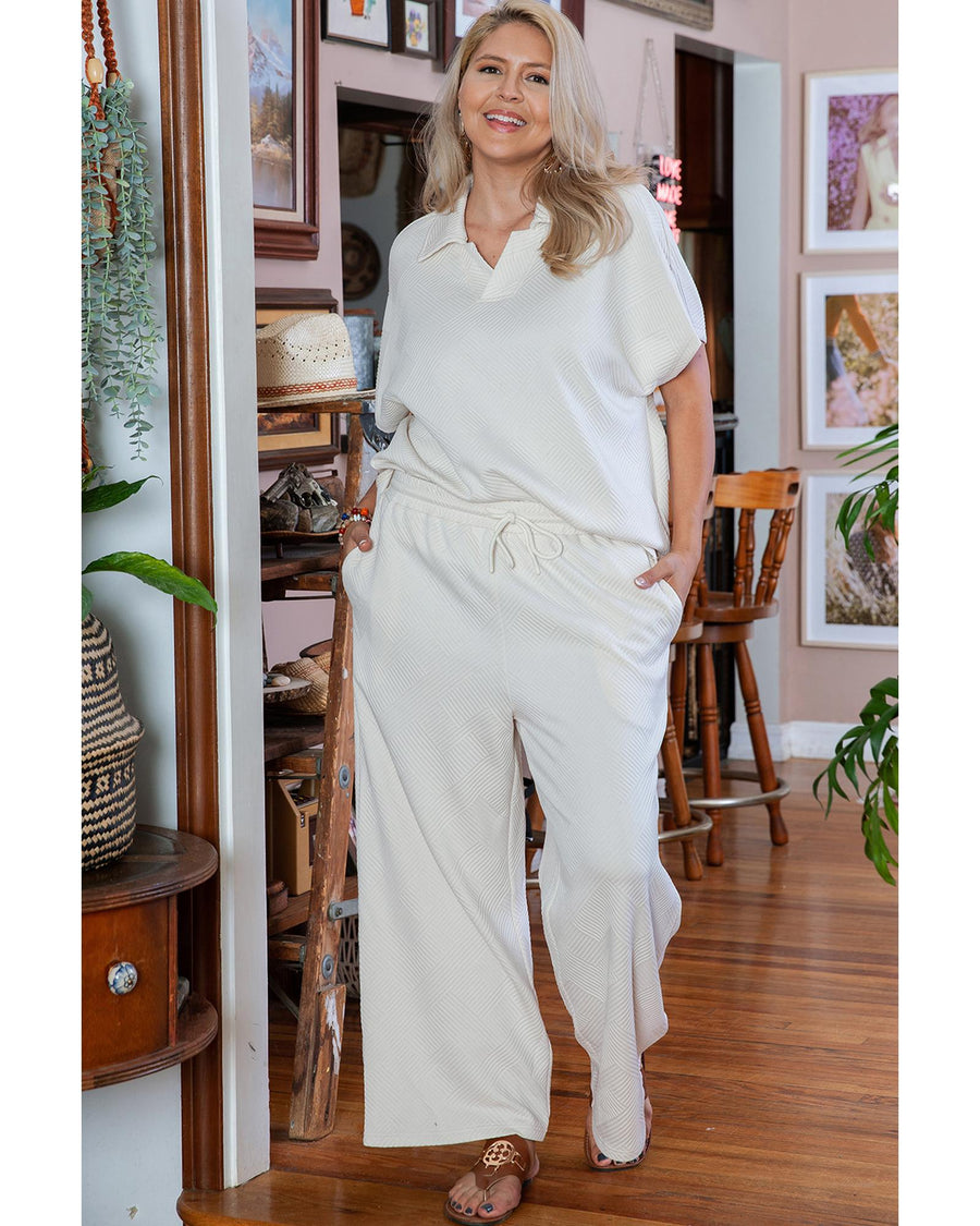 Beige Plus Size Textured Collared Top and Pants Set - 2X