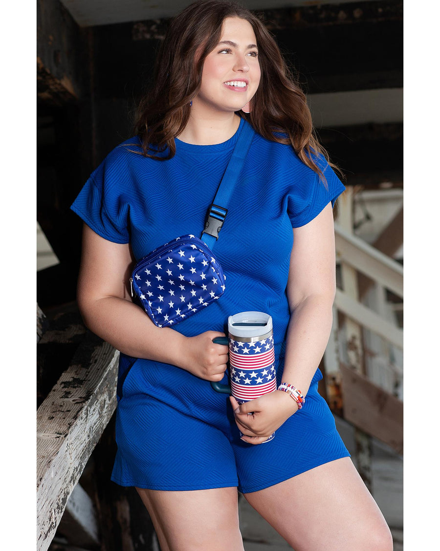 Dark Blue Plus Size Fashion Textured Short 2pcs Outfit - 3X