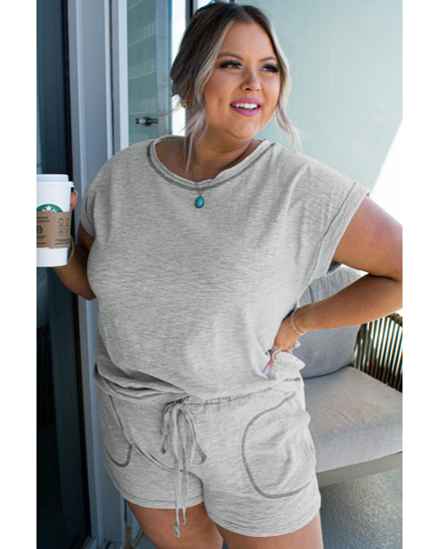 Gray Contrast Stitching Cuffed Sleeve Plus Shorts Set - 1X
