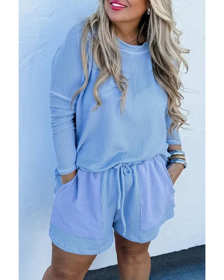 Light Blue Plus Size Ribbed Long Sleeve Top and Drawstring Shorts Set - 2X