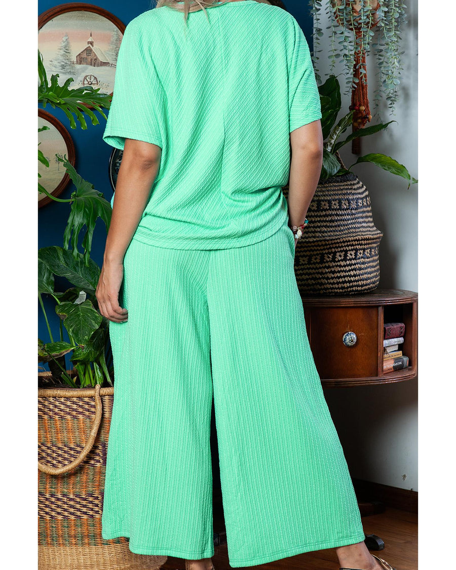 Mint Green Textured Batwing Sleeve Tee Wide Leg Pants Plus Size Set - 1X