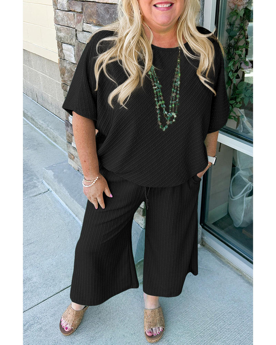 Black Textured Batwing Sleeve Tee Wide Leg Pants Plus Size Set - 1X