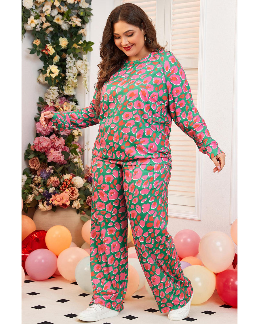 Green Plus Size Printed Long Sleeve and Pants Lounge Set - 4X