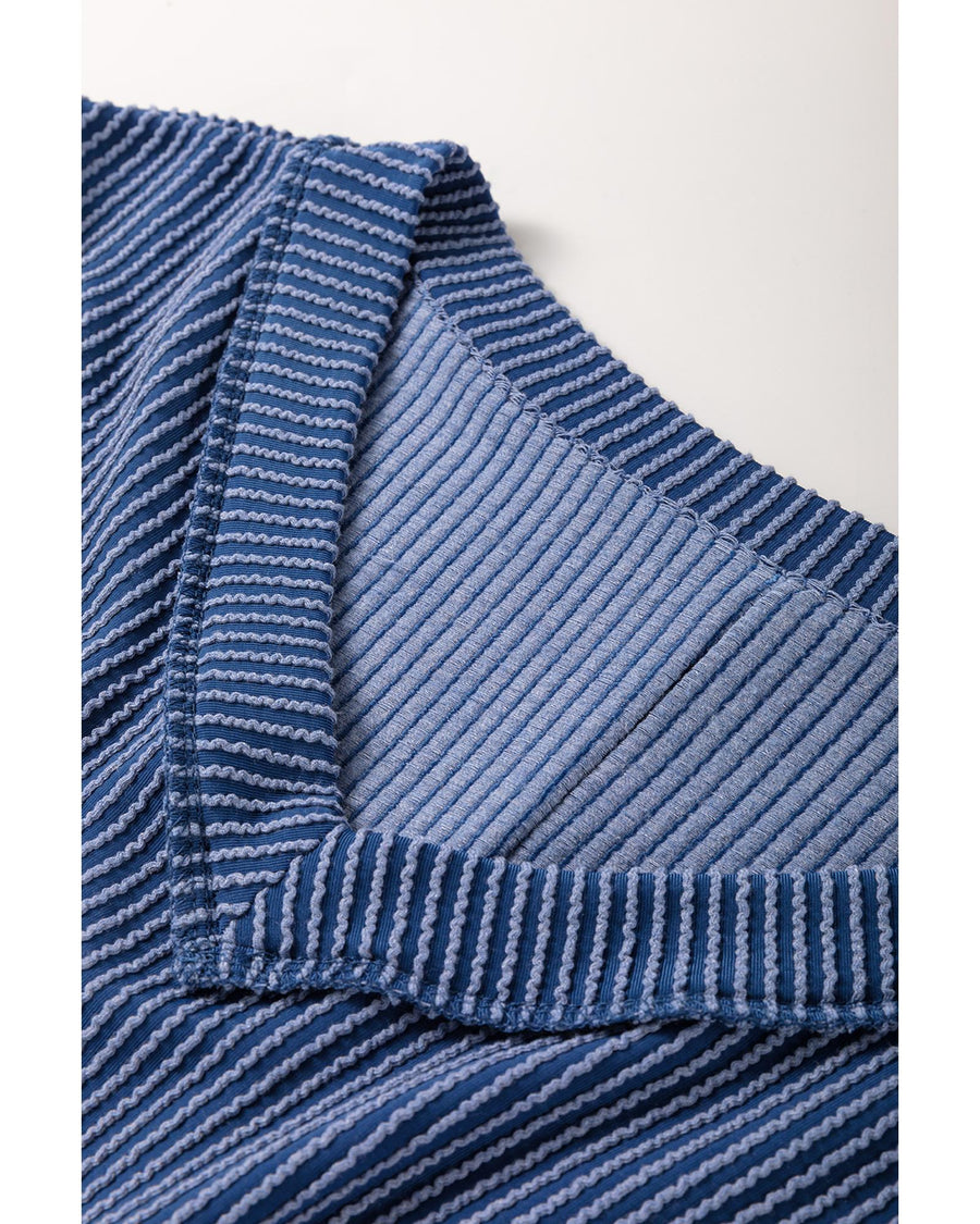 Sail Blue Ribbed V Neck Tee and Pants Plus Size Set - 4X
