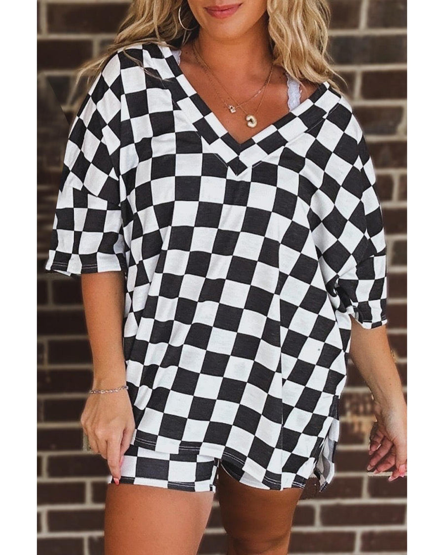 Black Checkered Pattern Tee and Shorts Plus Size Two Piece Set - 3X