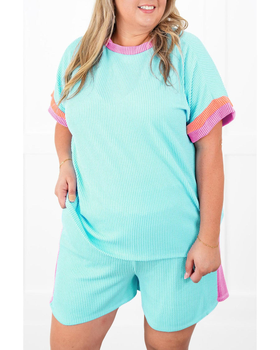 Light Blue Plus Size Color Block Corded Knit Tee and Shorts Set - 3X
