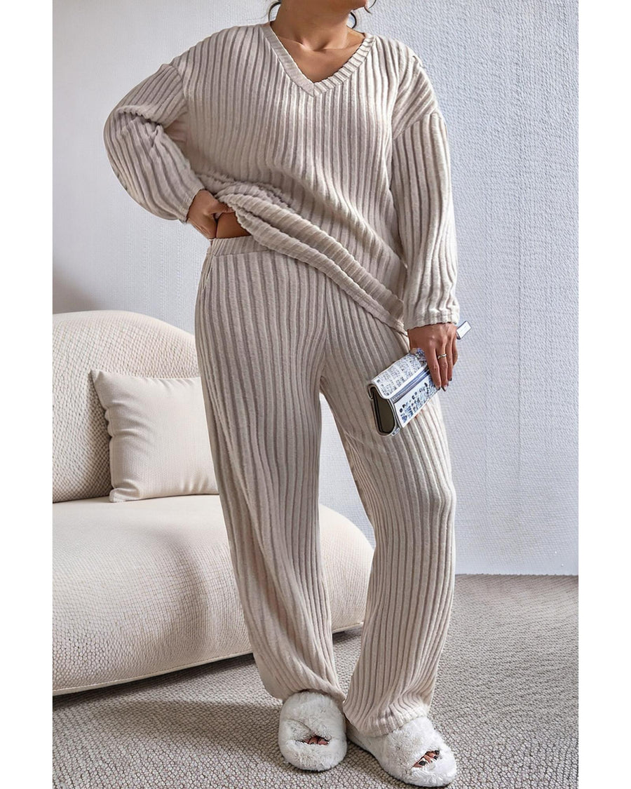 Parchment Plus Size Ribbed V Neck Pullover and Pants Set - 1X