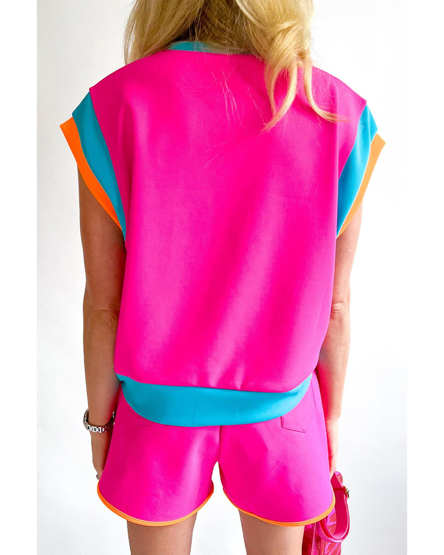 Rose Red Colorblock Patchwork Cap Sleeve Top Plus Size Shorts Set - 2X