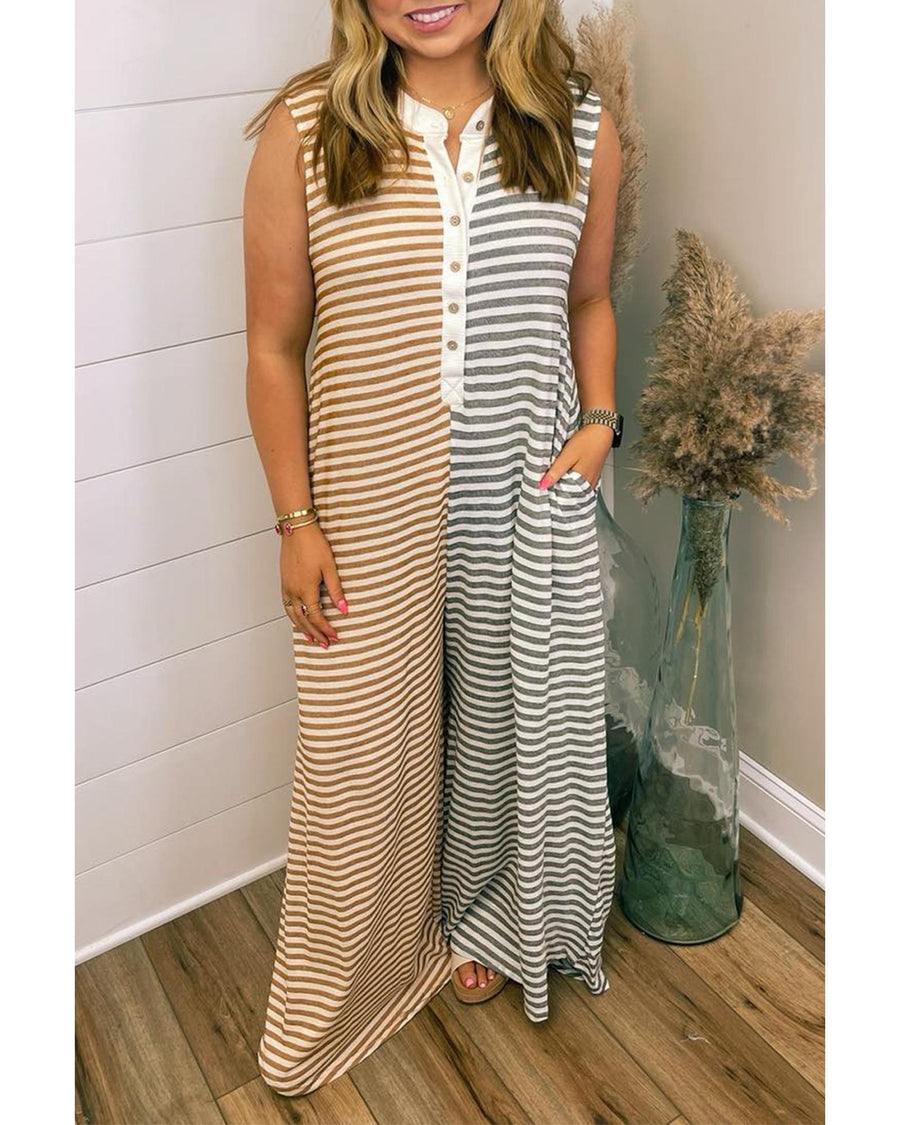 Gray Stripe Plus Size Color Block Buttoned Sleeveless Wide Leg Jumpsuit - 3X