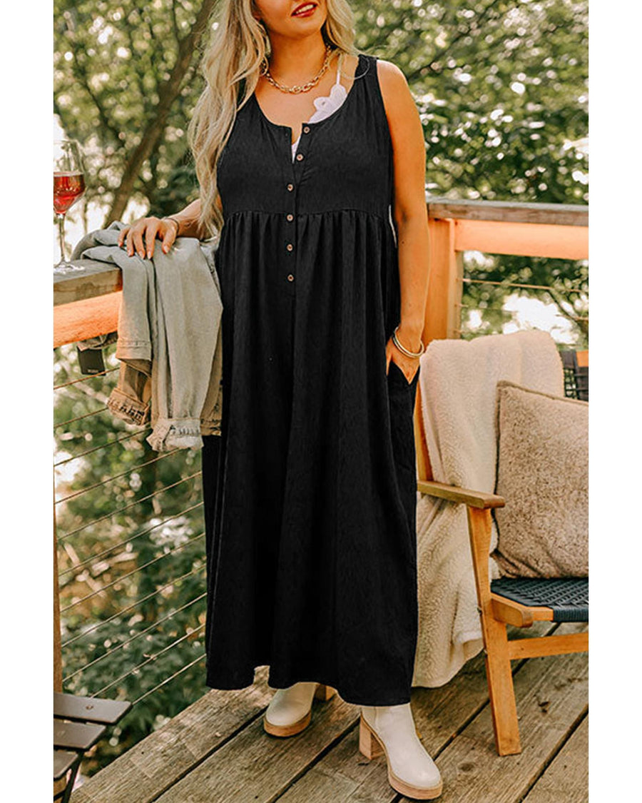 Black Plus Size Sleeveless Button Front Loose Jumpsuit - 1X
