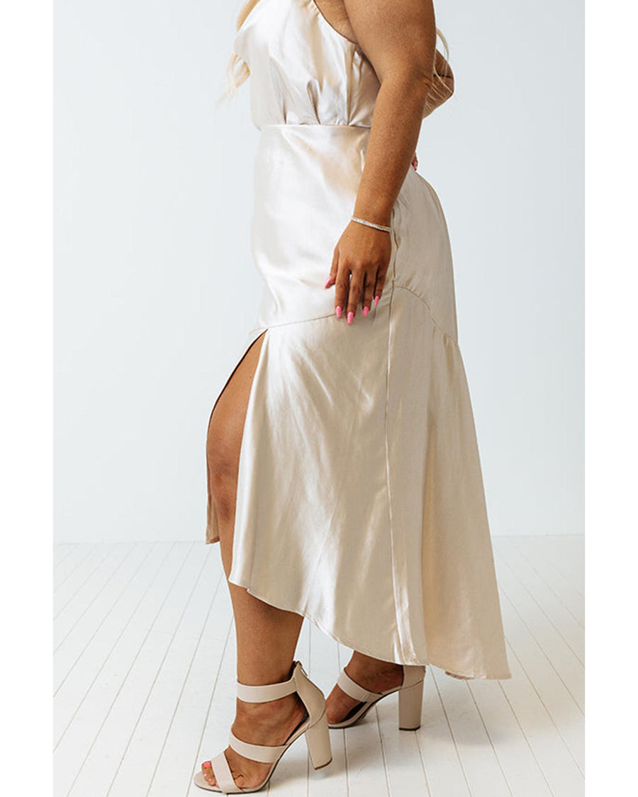 Azura Exchange Beige Satin Split Ruffled High Waist Plus Size Skirt - 2X