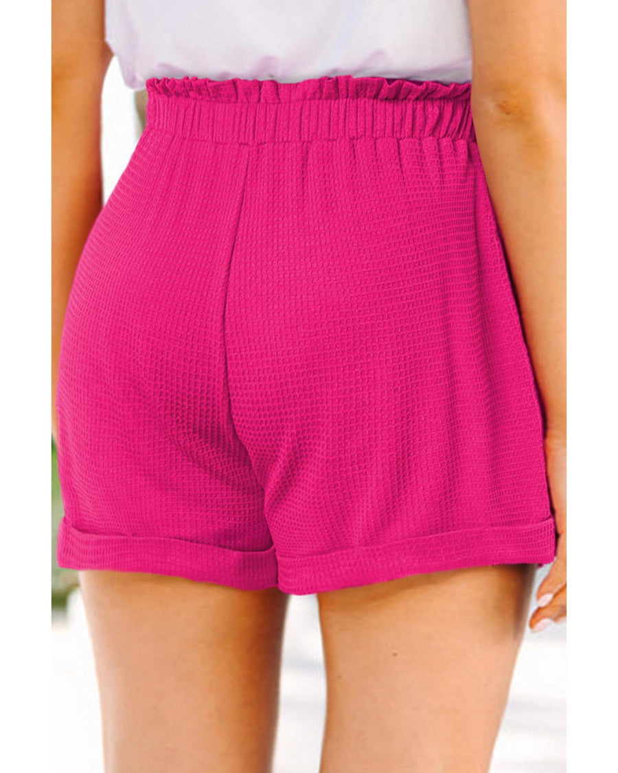 Bright Pink Plus Size Rolled Edge Ruffled Elastic Waist Textured Shorts - 1X