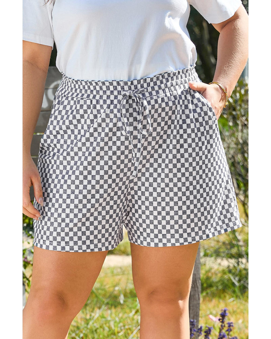 Gray Checkerboard Lace-Up High Waist Plus Size Casual Shorts - 4X