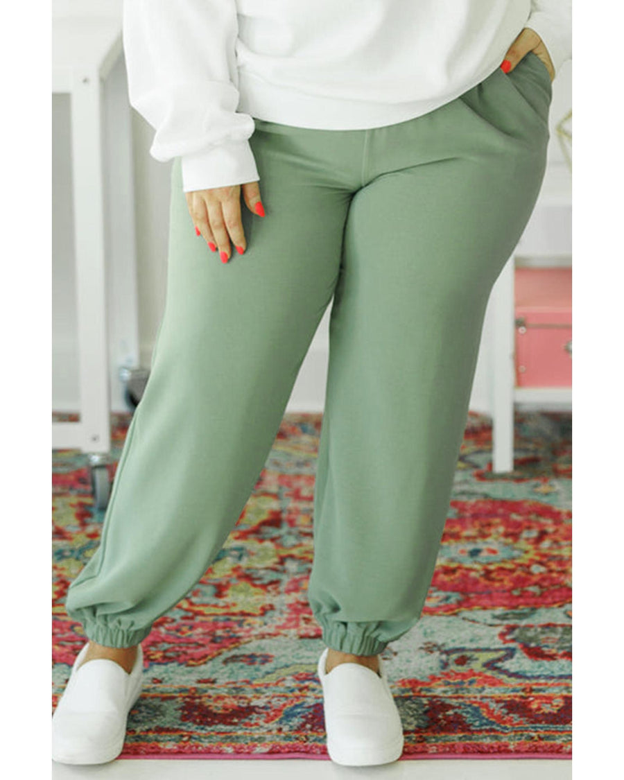 Green Plus Size Drawstring Shirred Waist Casual Jogger Pants - 1X