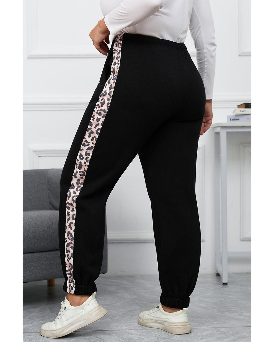 Azura Exchange Black Plus Size Contrast Leopard Side Panel Joggers - 2X