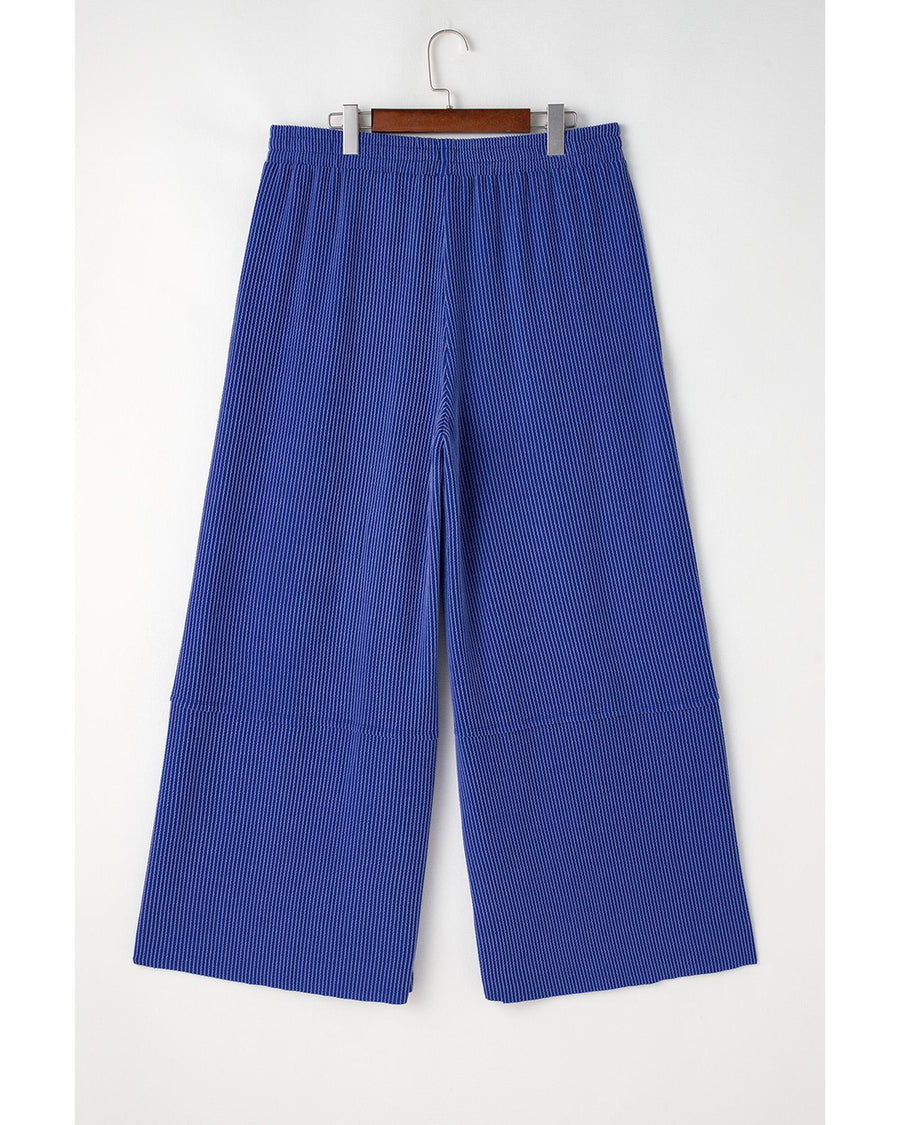 Sky Blue Corded Drawstring High Waist Pocket Plus Size Wide Leg Pants - 2X