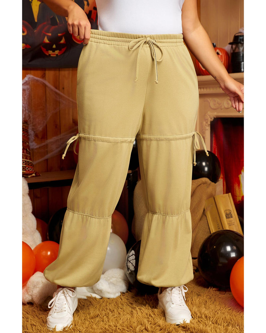 Beige Drawstring Adjusted Band High Waist Plus Size Pants - 3X
