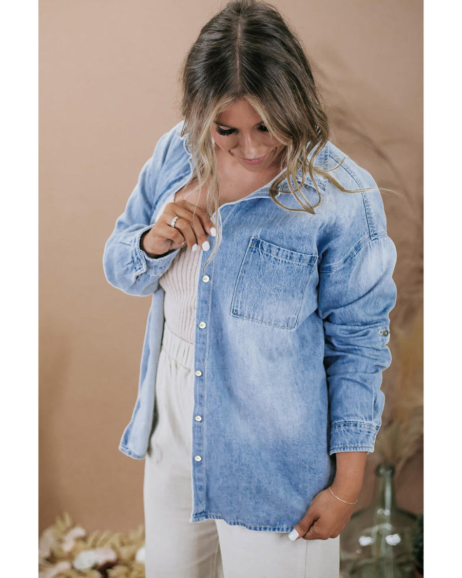 Sky Blue Plus Size Chest Pocket Button-Up Denim Shacket - 1X