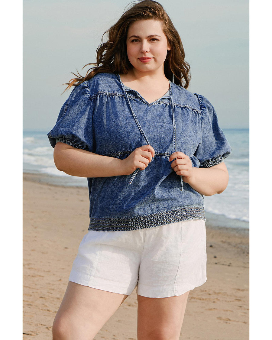 Sail Blue Plus Drawstring V Neck Puff Sleeve Denim Blouse - 1X