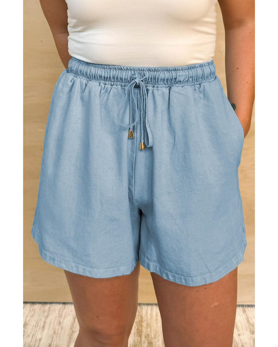 Beau Blue Washed Chambray Drawstring Elastic Waist Plus Size Shorts - 1X