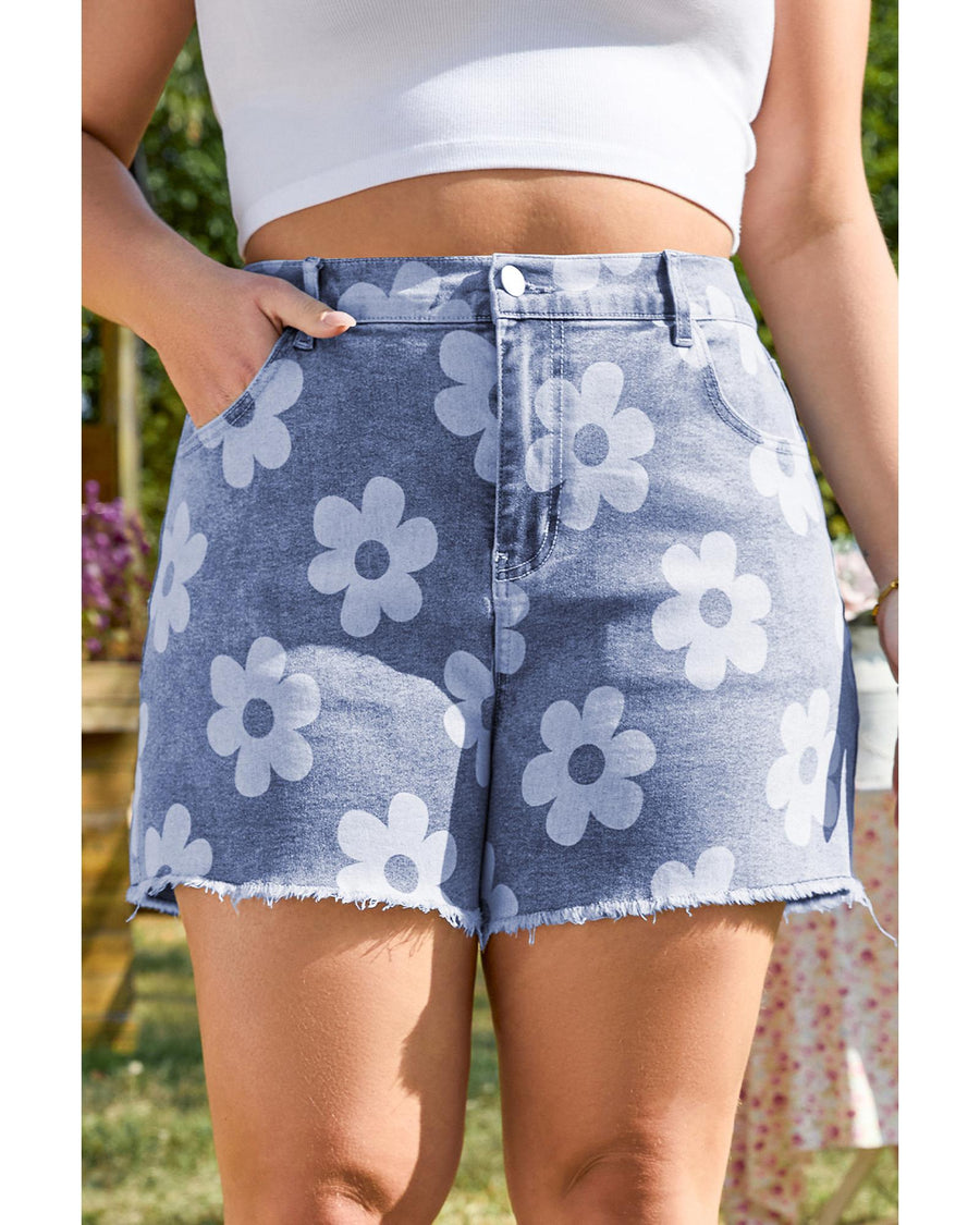 Ashleigh Blue Floral Pattern High Waist Raw Hem Plus Size Denim Shorts - 1X