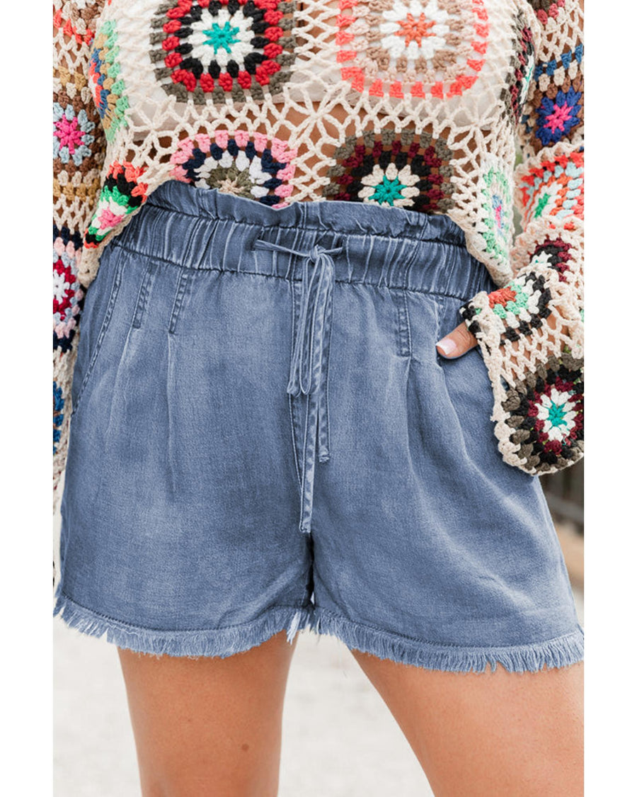 Dusk Blue Raw Hem Lace-up High Waist Plus Size Denim Shorts - 2X