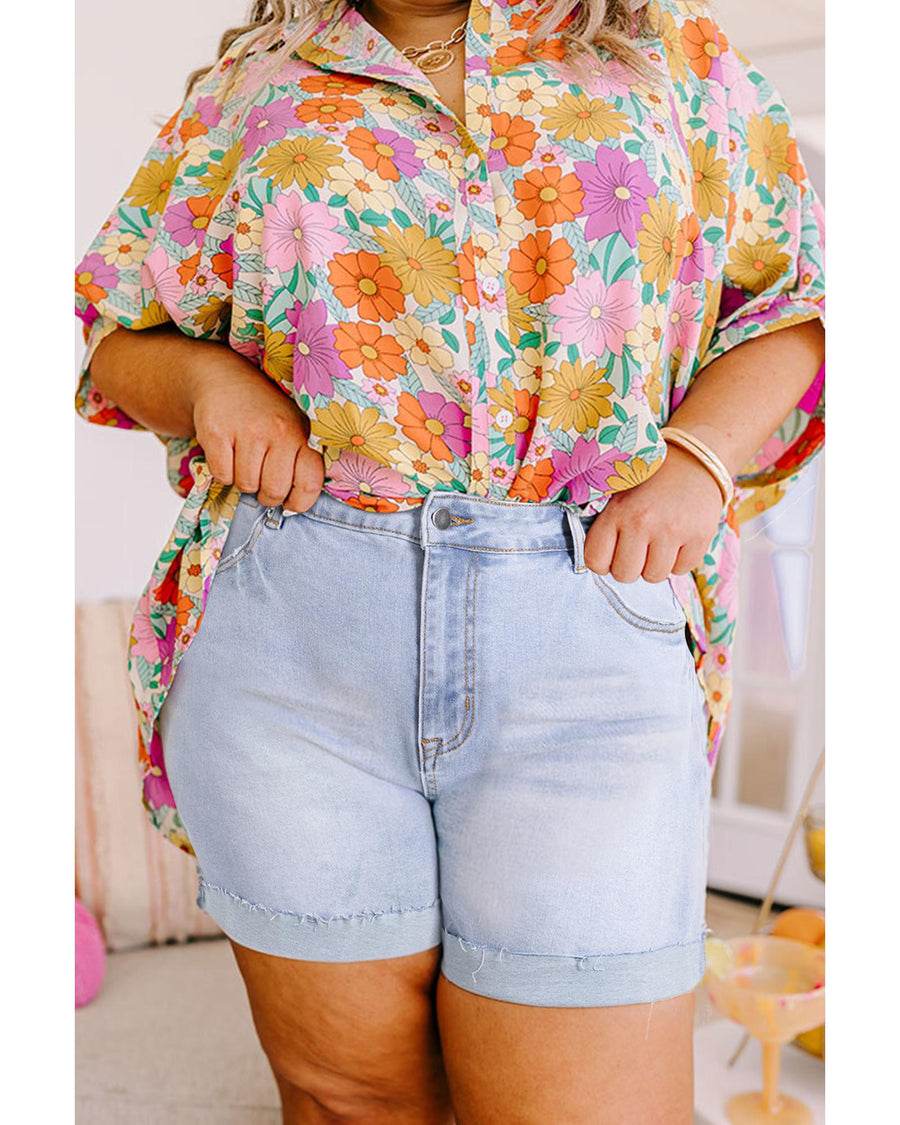 Beau Blue Folded Edge High Waist Plus Size Denim Shorts - 1X