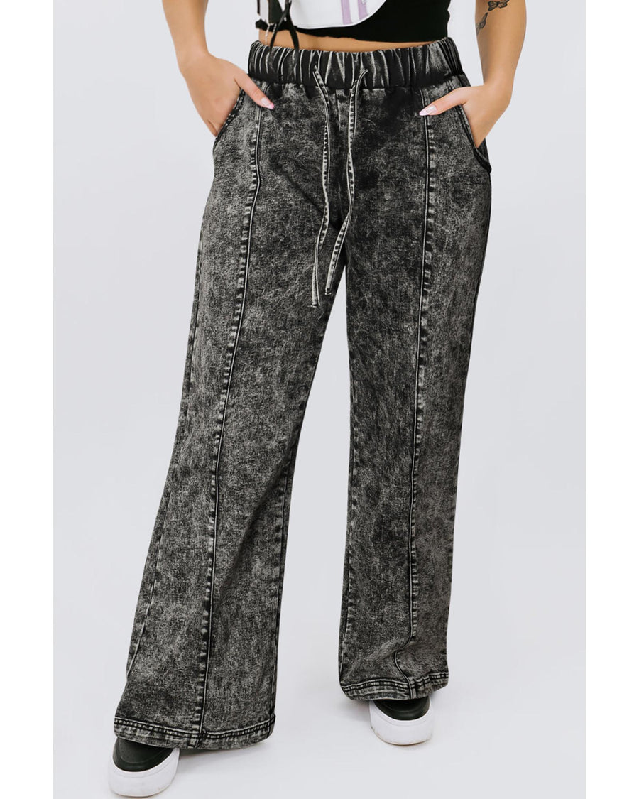 Black Plus Size Tie Dye Drawstring Splicing Wide Leg Jeans - 2X