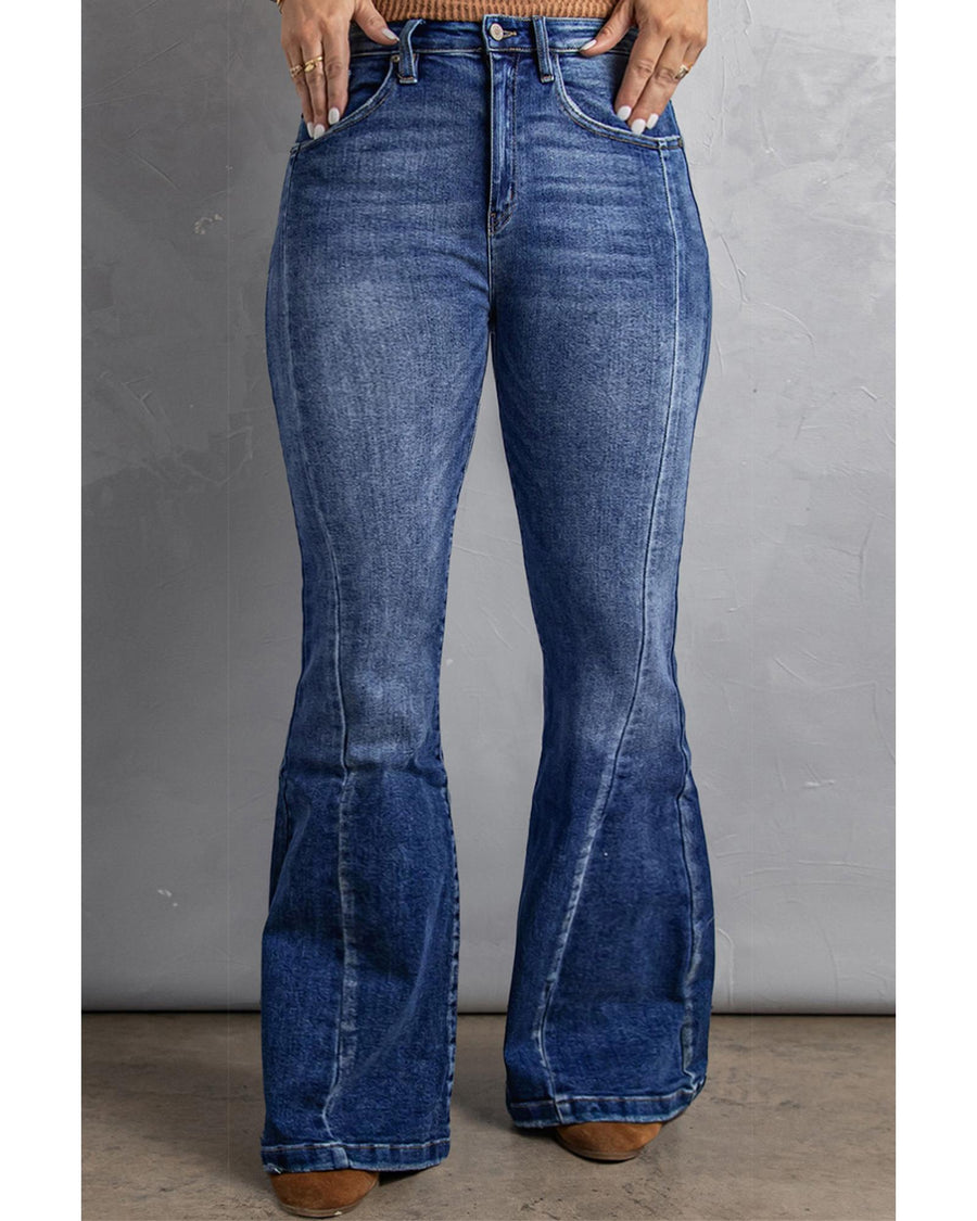 Azura Exchange Dark Blue Plus Size Stitching Washed Flare Jeans - 3X
