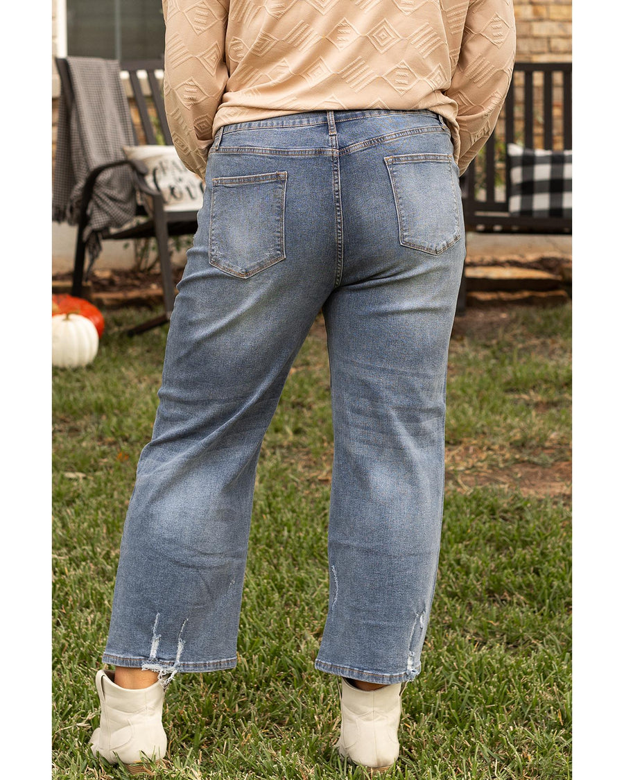Medium Grey Plus Size Button Fly High Waist Ripped Straight Leg Jeans - 4X