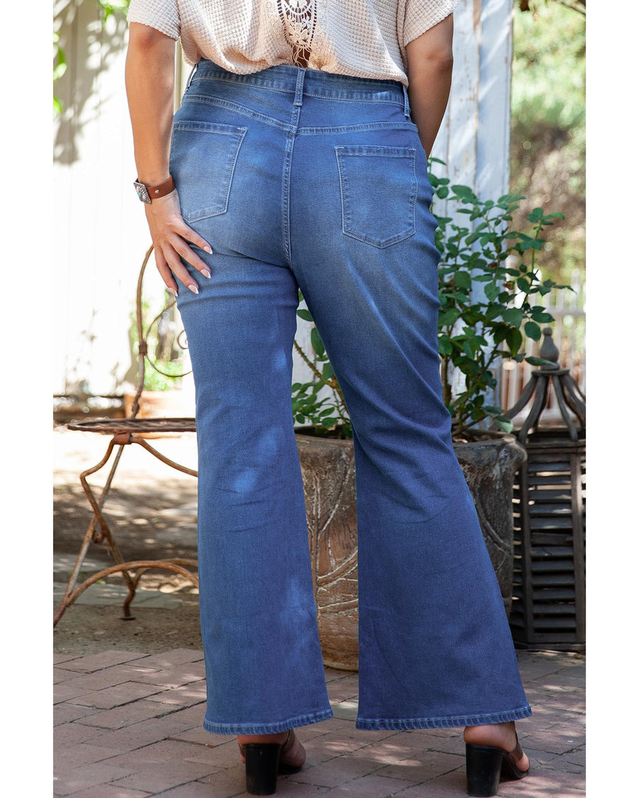 Blue Plus Size Exposed Seam High Waist Flare Jeans - 3X