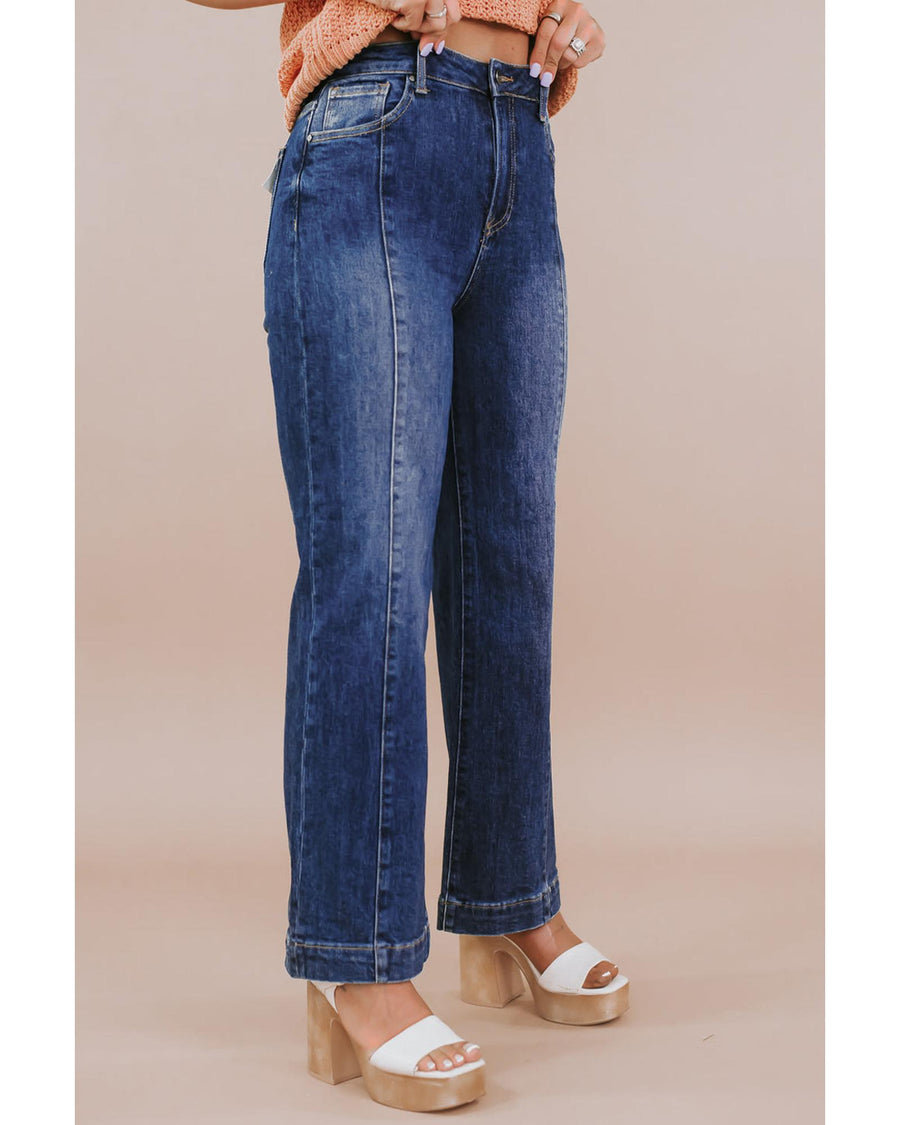 Navy Blue Plus Size Seamed Wide Leg High Waist Jeans - 3X