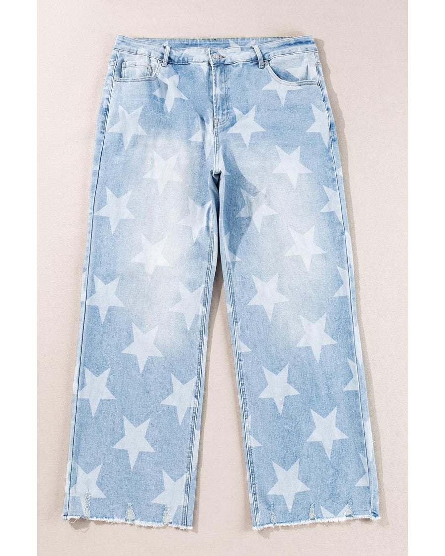 Beau Blue High Waist Star Pattern Plus Size Jeans - 1X