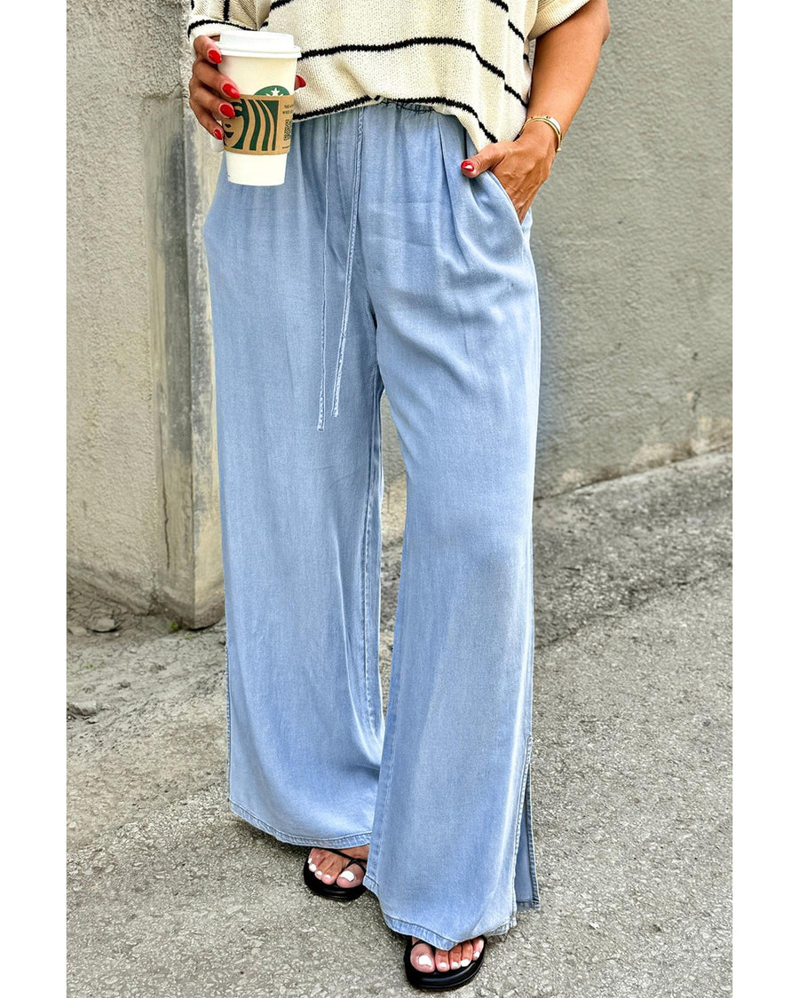 Beau Blue Casual Wide Slit Leg High Waist Loose Plus Size Jeans - 1X