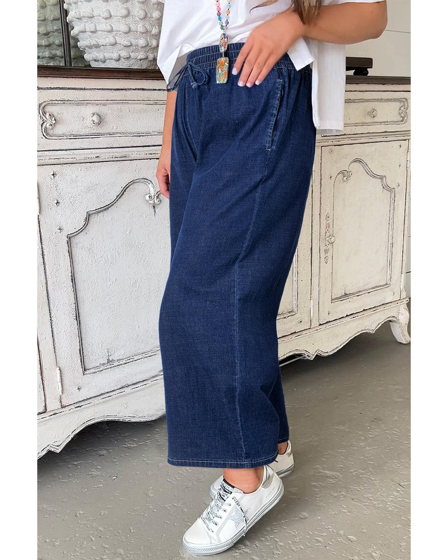 Real Teal Plus Size Drawstring High Waist Wide Leg Casual Jeans - 3X