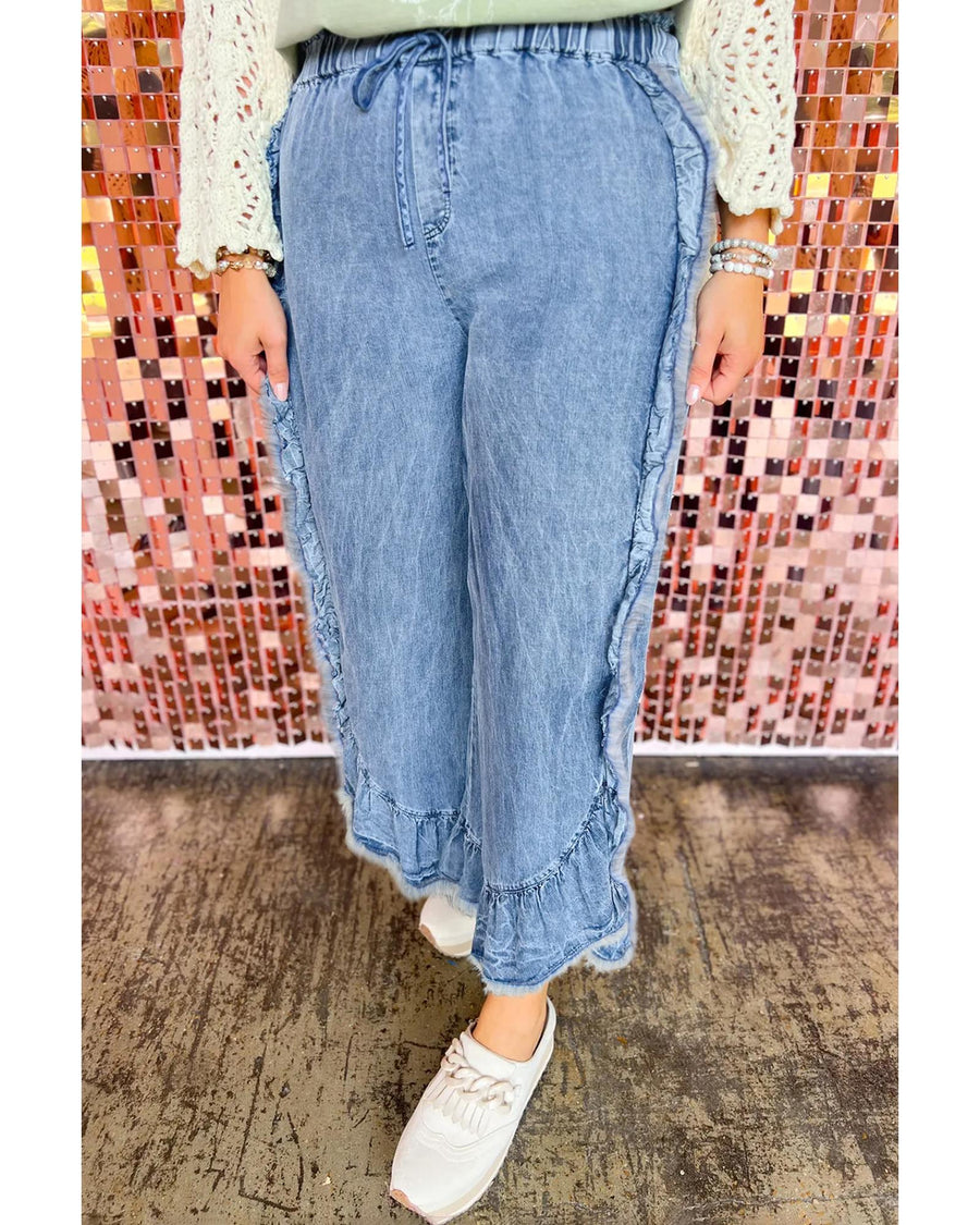 Blue Plus Size Lace up Waist Ruffled Trim Ankle Length Jeans - 2X