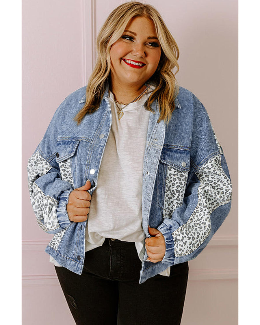 Beau Blue Leopard Patchwork Flap Detail Plus Size Denim Jacket - 4X