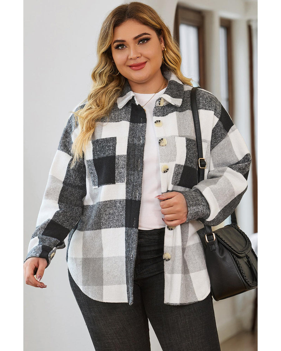 Gray Plus Size Checkered Button-Up Shacket - 2X