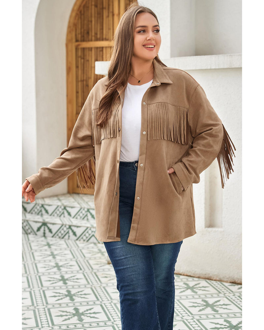 Khaki Fringe Trim Plus Size Suede Shacket - 2X