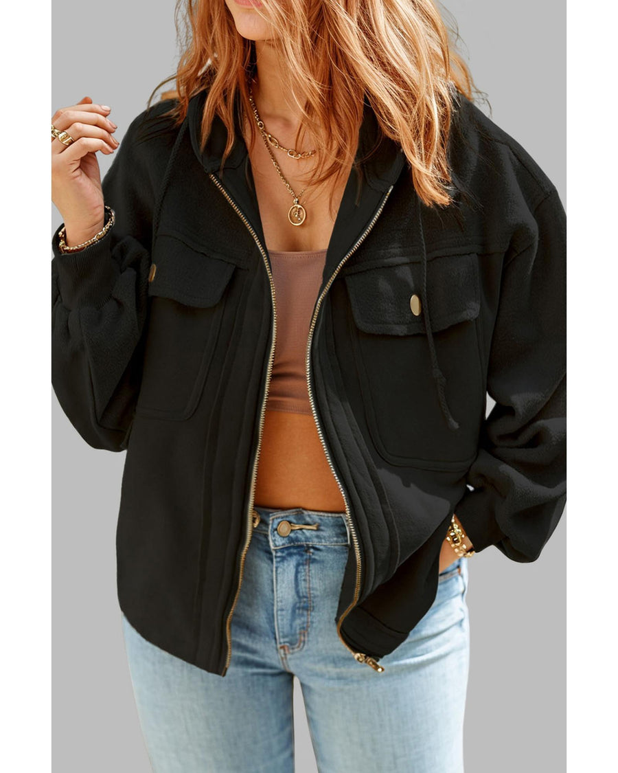 Black Plus Size Bishop Sleeve Zip Up Hooded Jacket - 1X