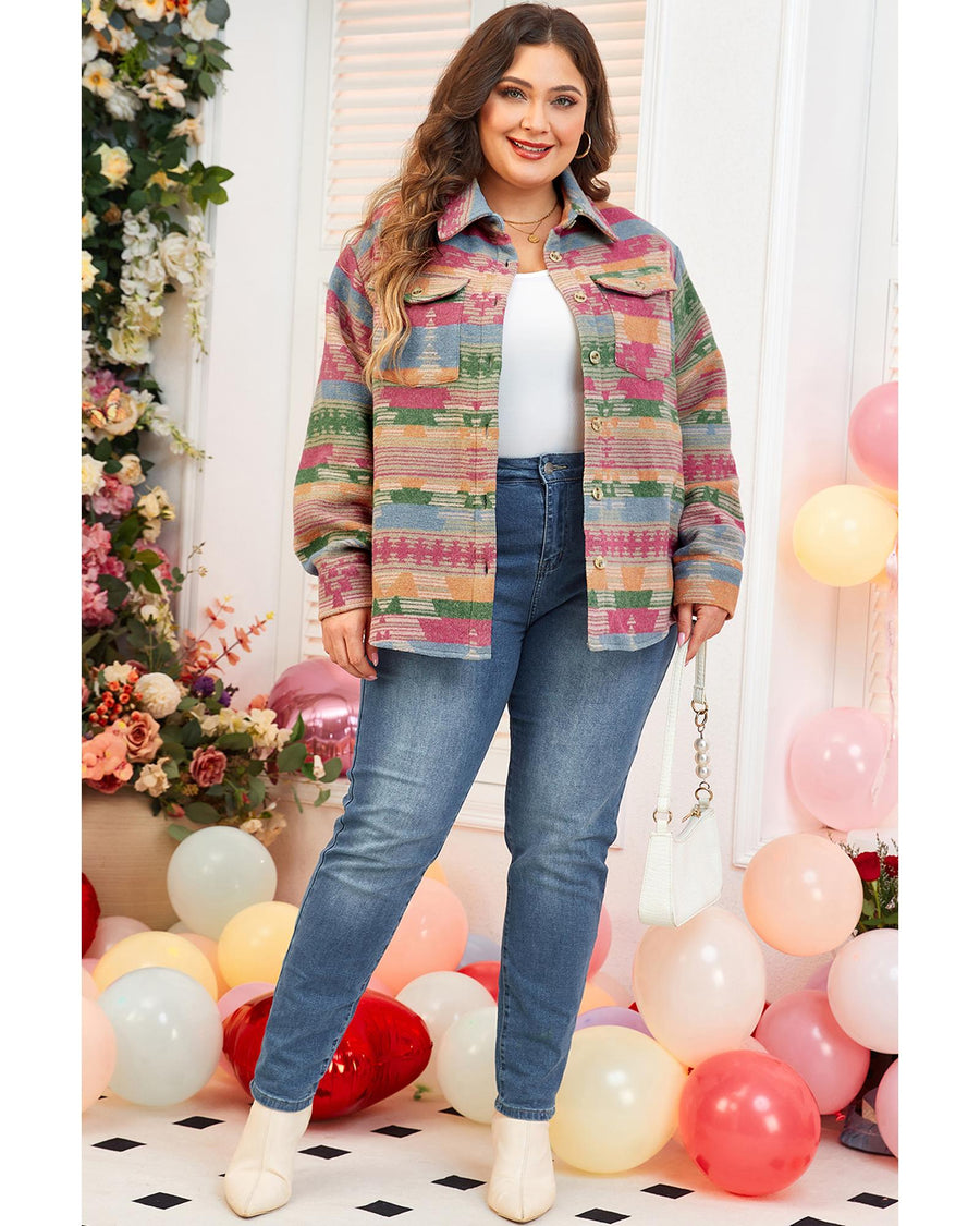 Pink Plus Size Aztec Printed Flap Pocket Shacket - 1X