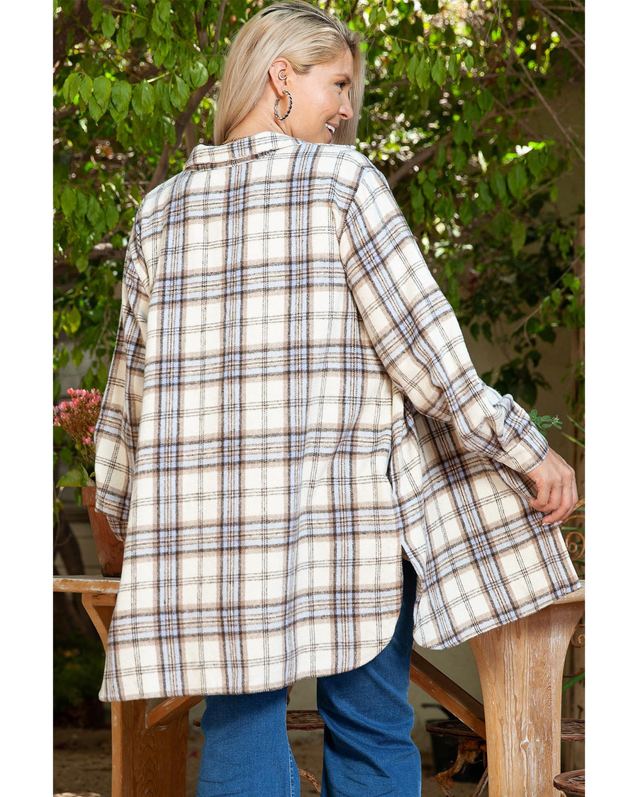 White Plaid Print Tunic Plus Size Shacket with Slits - 1X